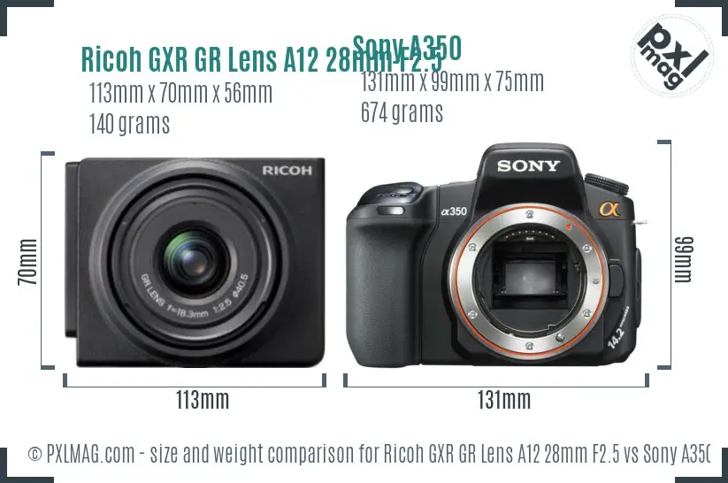 Ricoh GXR GR Lens A12 28mm F2.5 vs Sony A350 size comparison