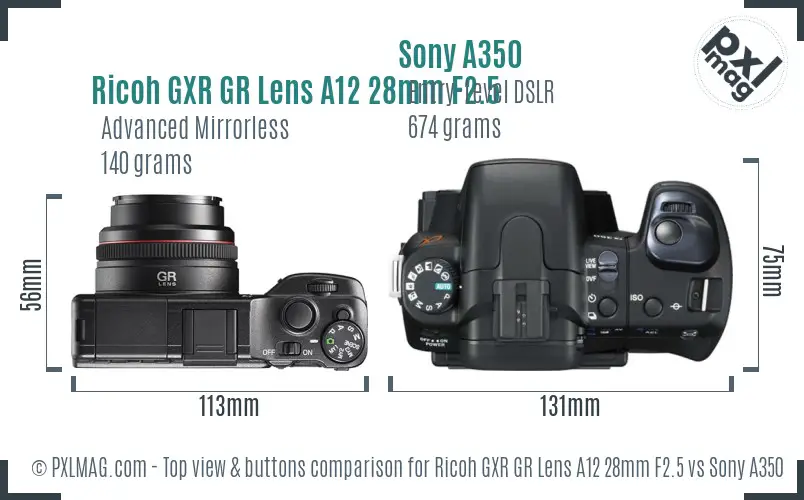 Ricoh GXR GR Lens A12 28mm F2.5 vs Sony A350 top view buttons comparison