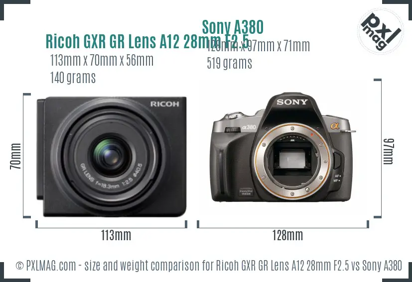 Ricoh GXR GR Lens A12 28mm F2.5 vs Sony A380 size comparison Ricoh GXR GR Lens A12 28mm F2.5 vs Sony A380 size comparison