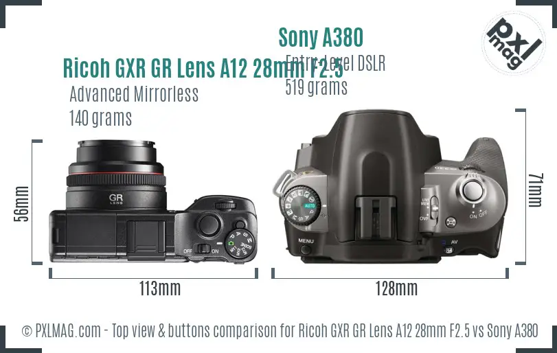 Ricoh GXR GR Lens A12 28mm F2.5 vs Sony A380 top view buttons comparison Ricoh GXR GR Lens A12 28mm F2.5 vs Sony A380 top view buttons comparison