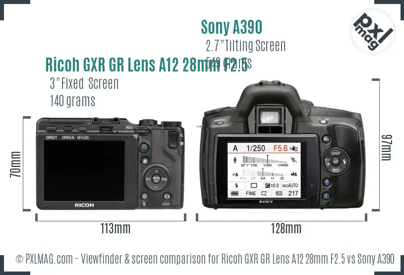 Ricoh GXR GR Lens A12 28mm F2.5 vs Sony A390 Screen and Viewfinder comparison