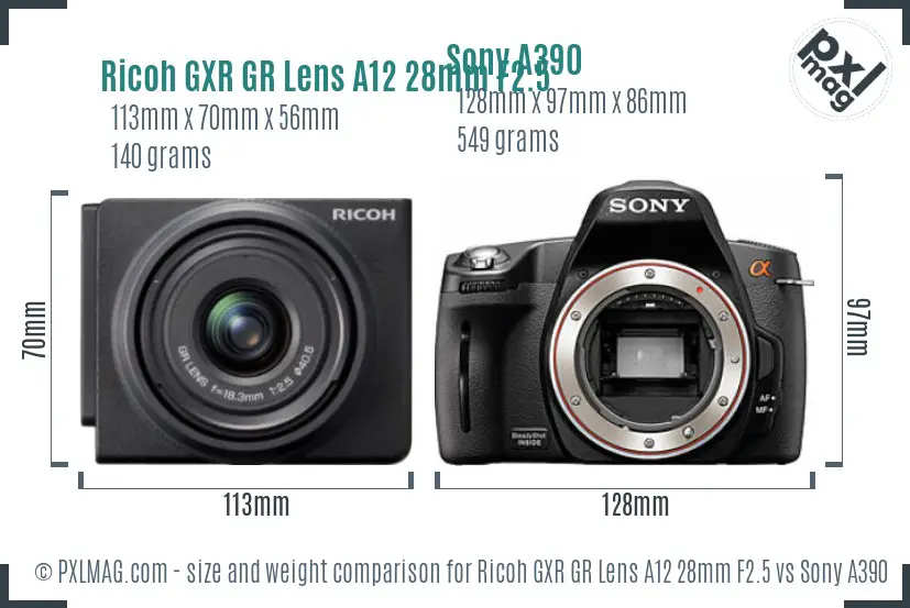 Ricoh GXR GR Lens A12 28mm F2.5 vs Sony A390 size comparison