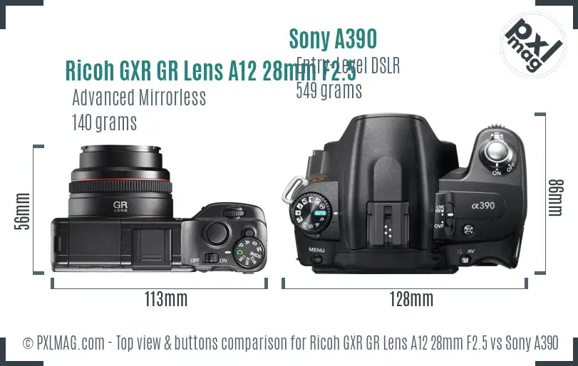 Ricoh GXR GR Lens A12 28mm F2.5 vs Sony A390 top view buttons comparison