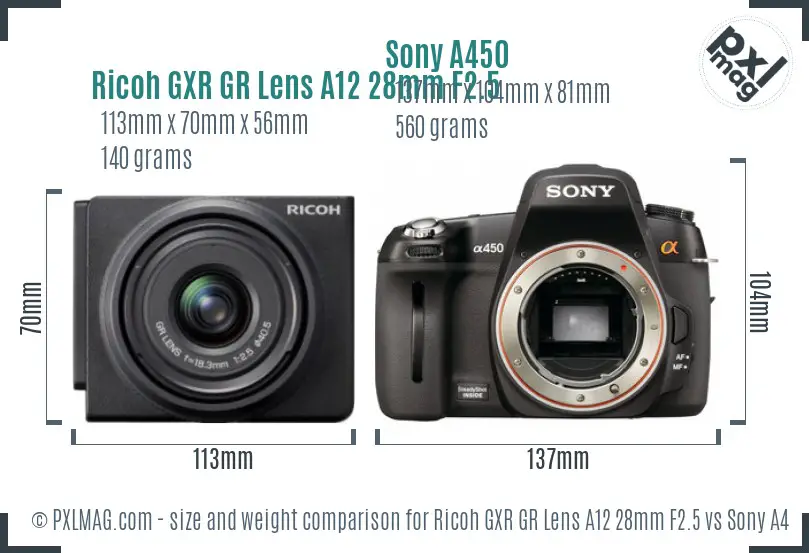 Ricoh GXR GR Lens A12 28mm F2.5 vs Sony A450 size comparison