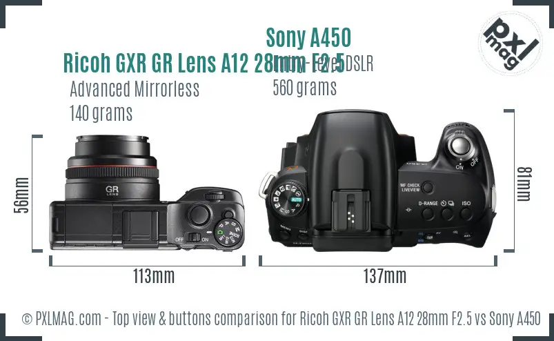 Ricoh GXR GR Lens A12 28mm F2.5 vs Sony A450 top view buttons comparison