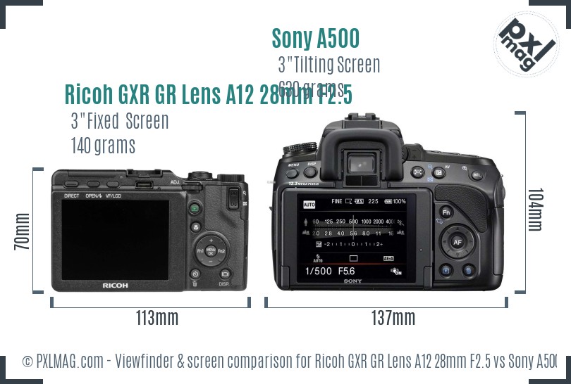 Ricoh GXR GR Lens A12 28mm F2.5 vs Sony A500 Screen and Viewfinder comparison