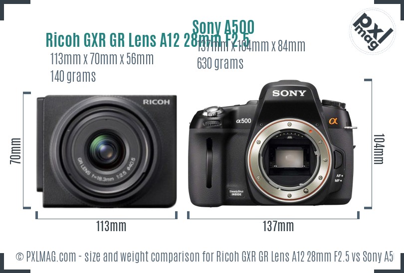 Ricoh GXR GR Lens A12 28mm F2.5 vs Sony A500 size comparison Ricoh GXR GR Lens A12 28mm F2.5 vs Sony A500 size comparison