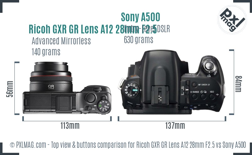Ricoh GXR GR Lens A12 28mm F2.5 vs Sony A500 top view buttons comparison