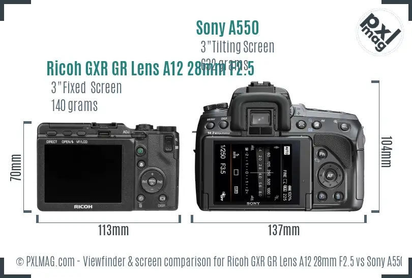 Ricoh GXR GR Lens A12 28mm F2.5 vs Sony A550 Screen and Viewfinder comparison