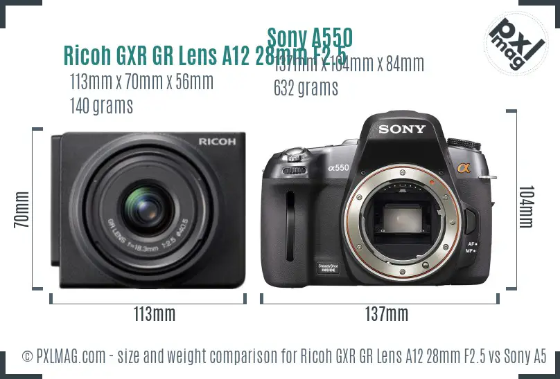 Ricoh GXR GR Lens A12 28mm F2.5 vs Sony A550 size comparison
