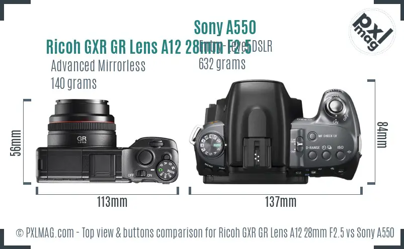 Ricoh GXR GR Lens A12 28mm F2.5 vs Sony A550 top view buttons comparison