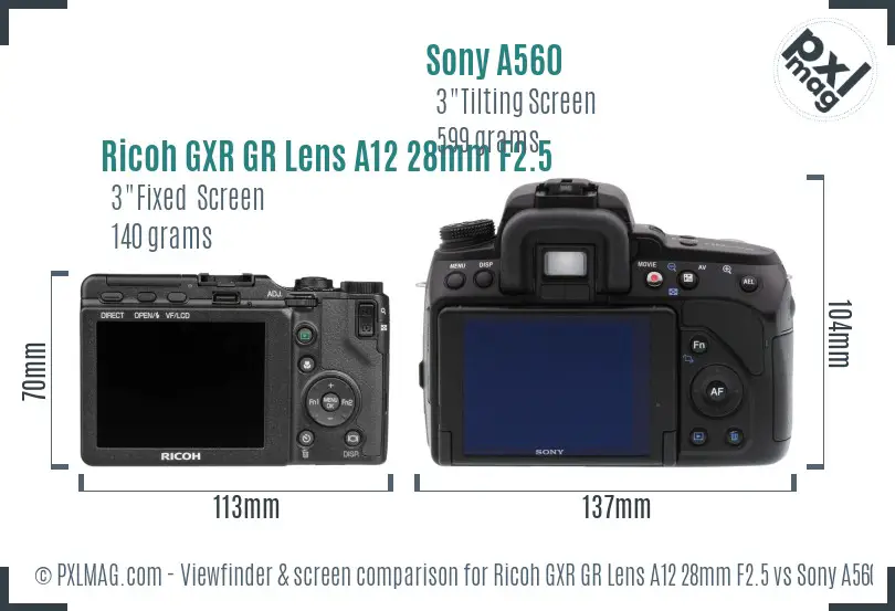 Ricoh GXR GR Lens A12 28mm F2.5 vs Sony A560 Screen and Viewfinder comparison