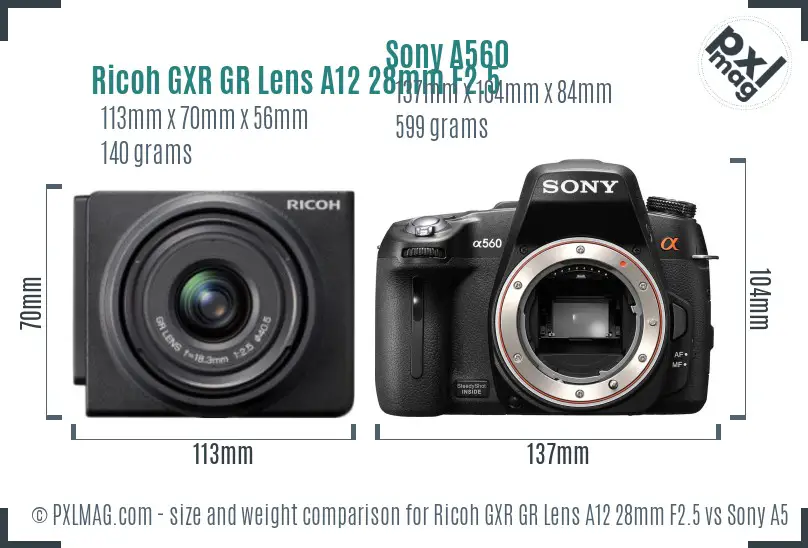 Ricoh GXR GR Lens A12 28mm F2.5 vs Sony A560 size comparison