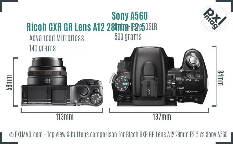 Ricoh GXR GR Lens A12 28mm F2.5 vs Sony A560 top view buttons comparison