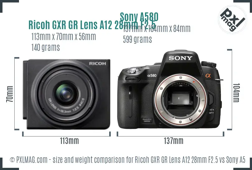 Ricoh GXR GR Lens A12 28mm F2.5 vs Sony A580 size comparison