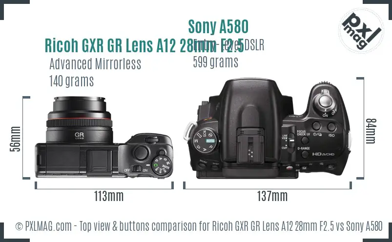 Ricoh GXR GR Lens A12 28mm F2.5 vs Sony A580 top view buttons comparison