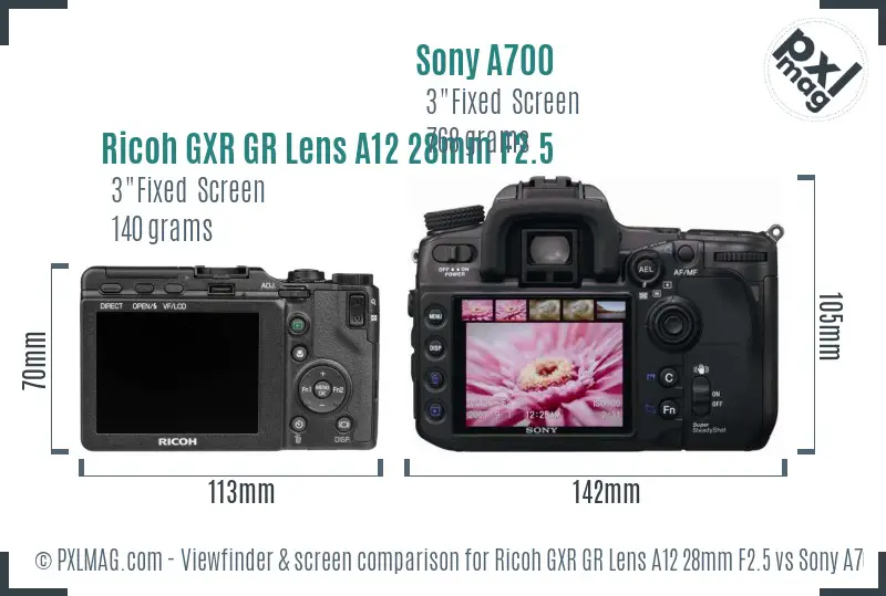 Ricoh GXR GR Lens A12 28mm F2.5 vs Sony A700 Screen and Viewfinder comparison