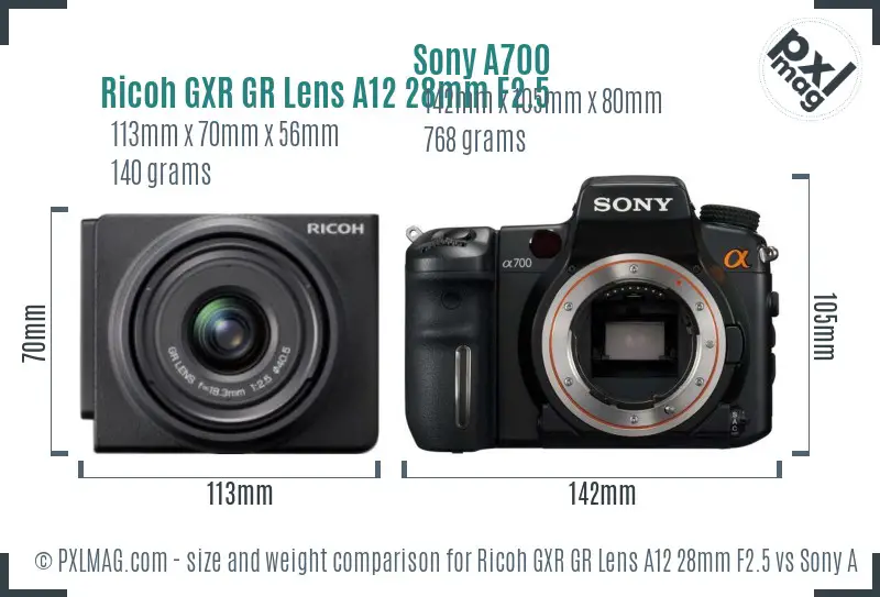 Ricoh GXR GR Lens A12 28mm F2.5 vs Sony A700 size comparison