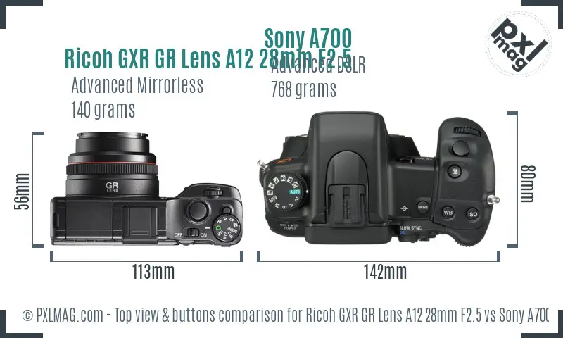 Ricoh GXR GR Lens A12 28mm F2.5 vs Sony A700 top view buttons comparison
