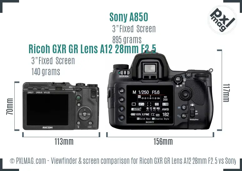Ricoh GXR GR Lens A12 28mm F2.5 vs Sony A850 Screen and Viewfinder comparison