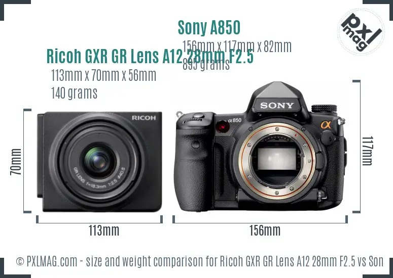 Ricoh GXR GR Lens A12 28mm F2.5 vs Sony A850 size comparison