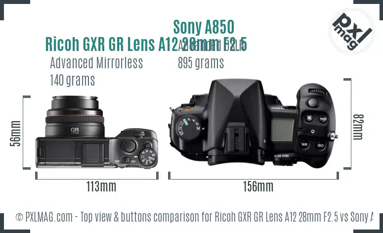 Ricoh GXR GR Lens A12 28mm F2.5 vs Sony A850 top view buttons comparison