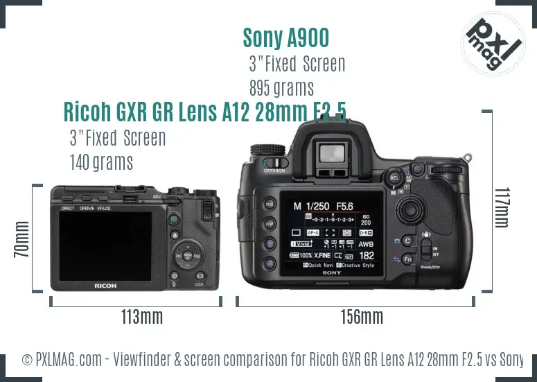 Ricoh GXR GR Lens A12 28mm F2.5 vs Sony A900 Screen and Viewfinder comparison