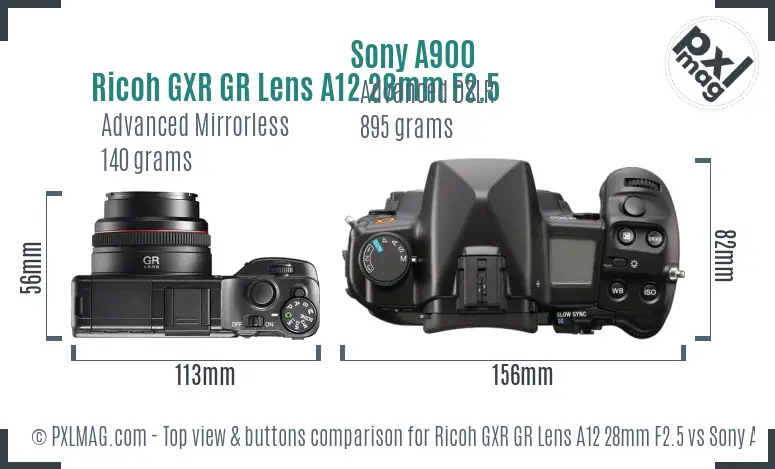 Ricoh GXR GR Lens A12 28mm F2.5 vs Sony A900 top view buttons comparison