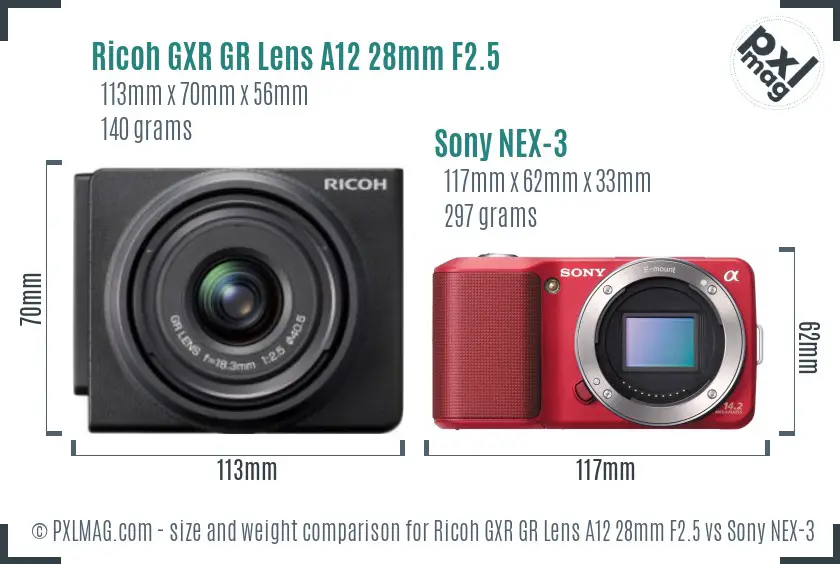 Ricoh GXR GR Lens A12 28mm F2.5 vs Sony NEX-3 size comparison