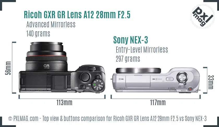 Ricoh GXR GR Lens A12 28mm F2.5 vs Sony NEX-3 top view buttons comparison
