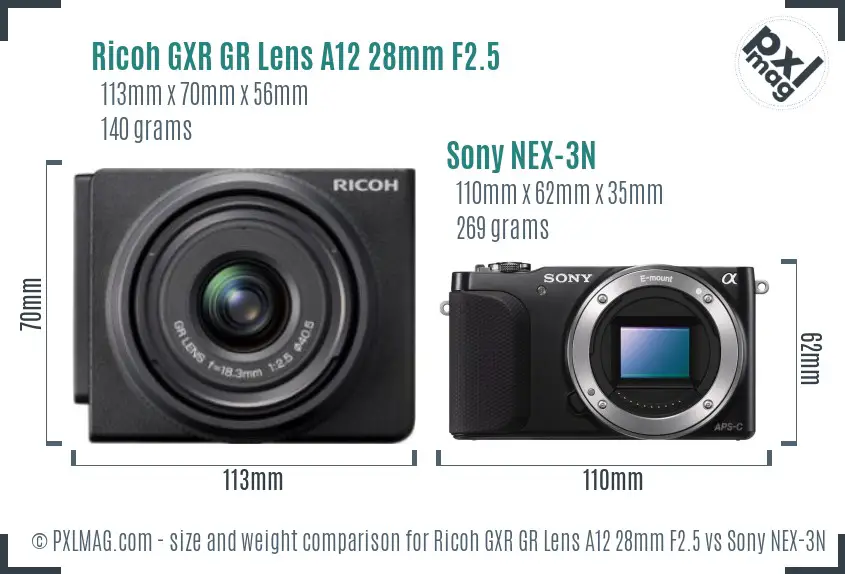 Ricoh GXR GR Lens A12 28mm F2.5 vs Sony NEX-3N size comparison