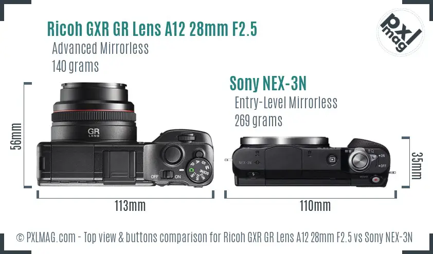 Ricoh GXR GR Lens A12 28mm F2.5 vs Sony NEX-3N top view buttons comparison