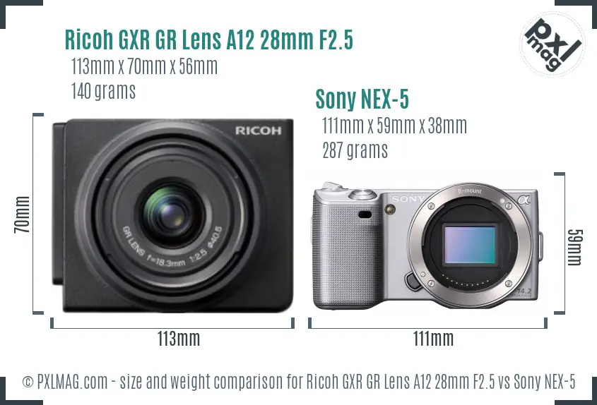 Ricoh GXR GR Lens A12 28mm F2.5 vs Sony NEX-5 size comparison