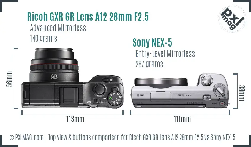 Ricoh GXR GR Lens A12 28mm F2.5 vs Sony NEX-5 top view buttons comparison
