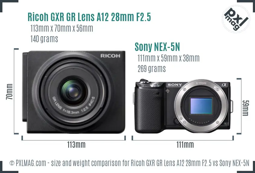 Ricoh GXR GR Lens A12 28mm F2.5 vs Sony NEX-5N size comparison