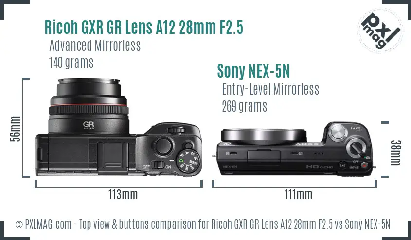 Ricoh GXR GR Lens A12 28mm F2.5 vs Sony NEX-5N top view buttons comparison