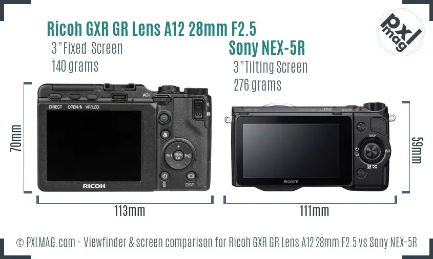 Ricoh GXR GR Lens A12 28mm F2.5 vs Sony NEX-5R Screen and Viewfinder comparison