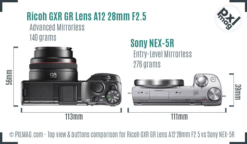 Ricoh GXR GR Lens A12 28mm F2.5 vs Sony NEX-5R top view buttons comparison