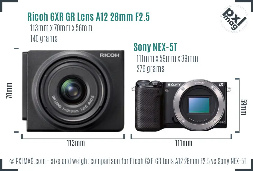 Ricoh GXR GR Lens A12 28mm F2.5 vs Sony NEX-5T size comparison