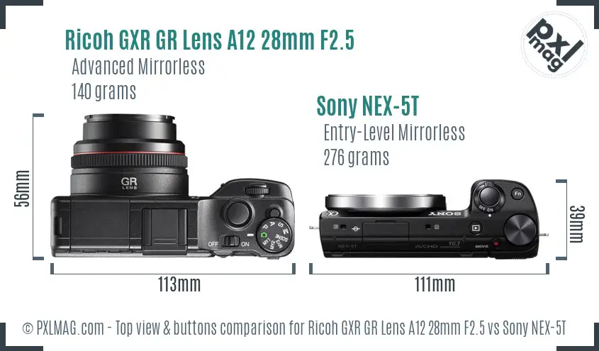Ricoh GXR GR Lens A12 28mm F2.5 vs Sony NEX-5T top view buttons comparison