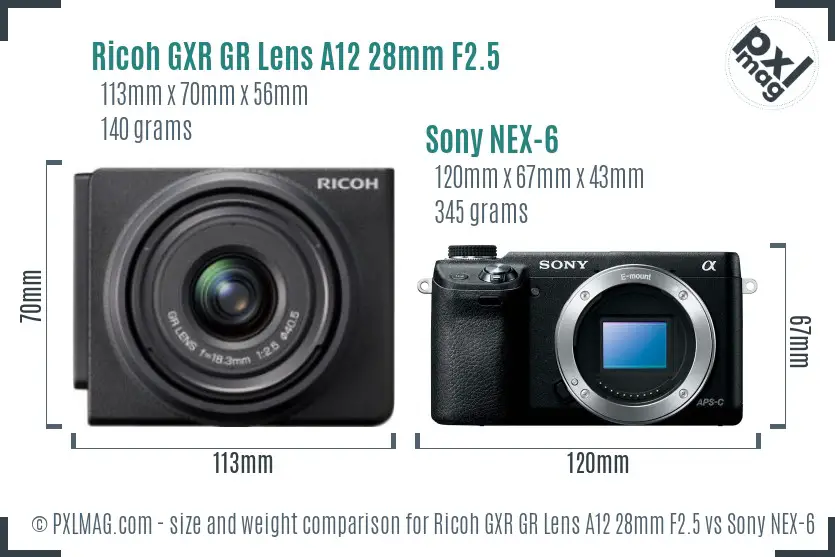 Ricoh GXR GR Lens A12 28mm F2.5 vs Sony NEX-6 size comparison