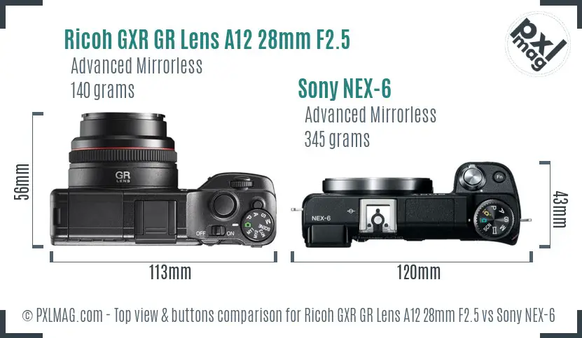 Ricoh GXR GR Lens A12 28mm F2.5 vs Sony NEX-6 top view buttons comparison