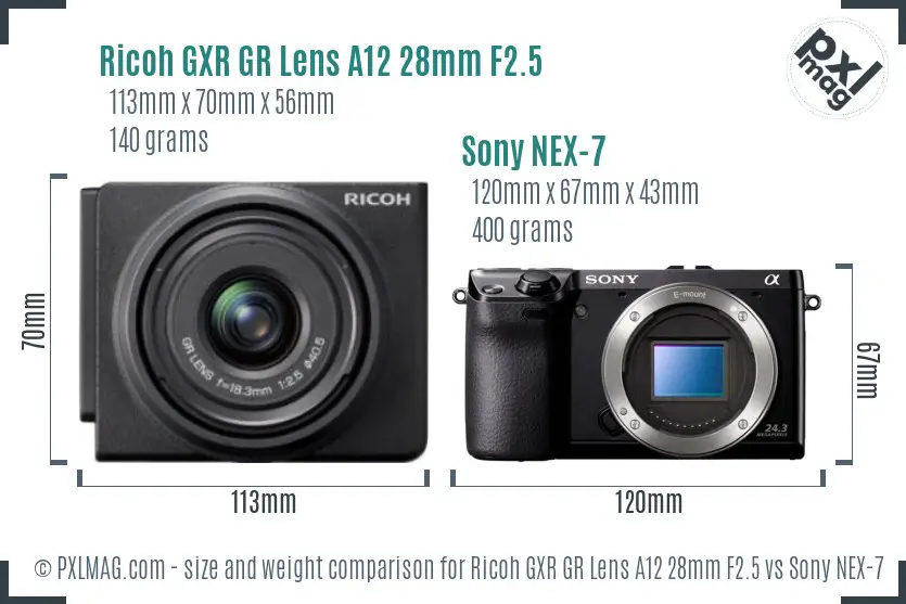 Ricoh GXR GR Lens A12 28mm F2.5 vs Sony NEX-7 size comparison