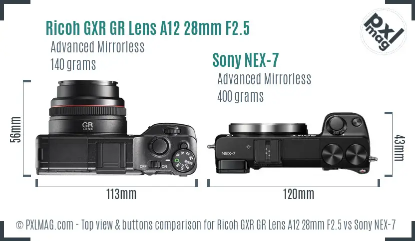 Ricoh GXR GR Lens A12 28mm F2.5 vs Sony NEX-7 top view buttons comparison