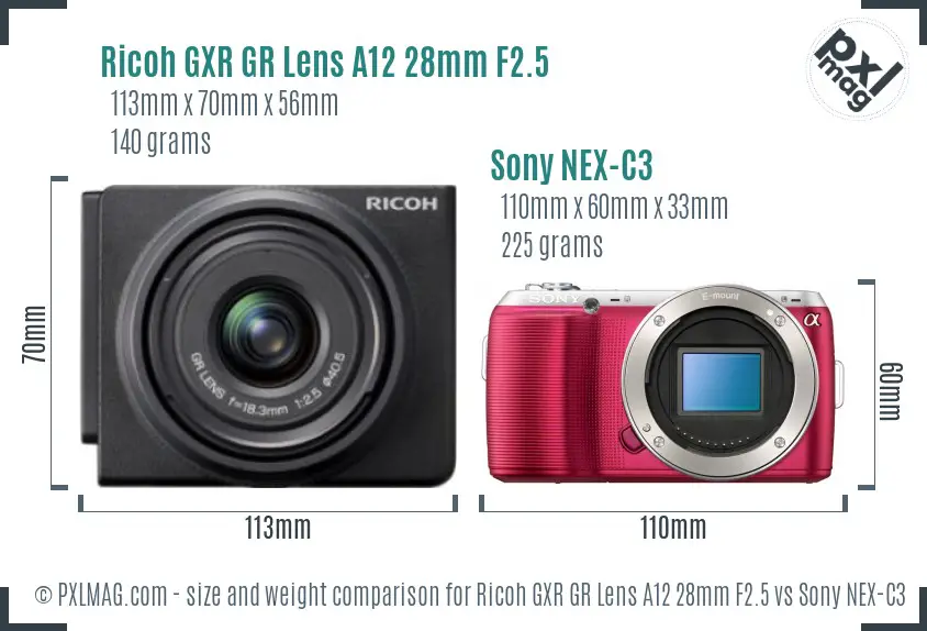Ricoh GXR GR Lens A12 28mm F2.5 vs Sony NEX-C3 size comparison