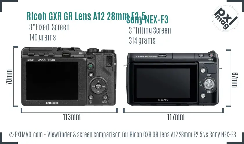 Ricoh GXR GR Lens A12 28mm F2.5 vs Sony NEX-F3 Screen and Viewfinder comparison
