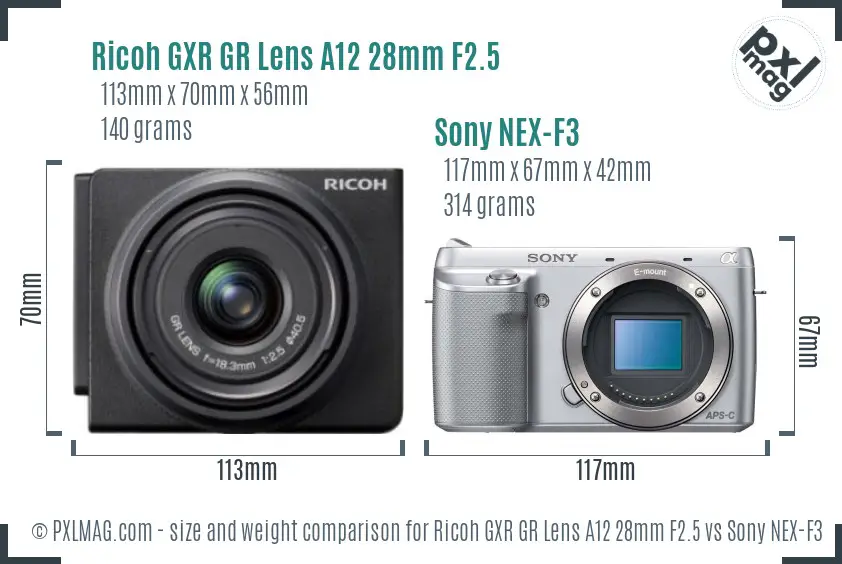 Ricoh GXR GR Lens A12 28mm F2.5 vs Sony NEX-F3 size comparison