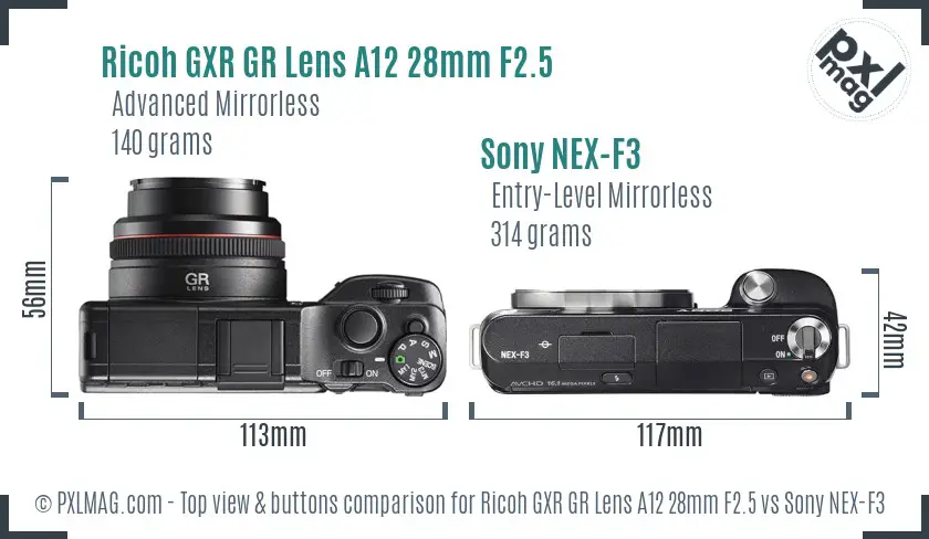 Ricoh GXR GR Lens A12 28mm F2.5 vs Sony NEX-F3 top view buttons comparison