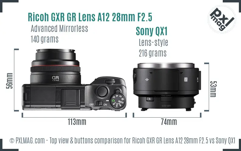 Ricoh GXR GR Lens A12 28mm F2.5 vs Sony QX1 top view buttons comparison Ricoh GXR GR Lens A12 28mm F2.5 vs Sony QX1 top view buttons comparison