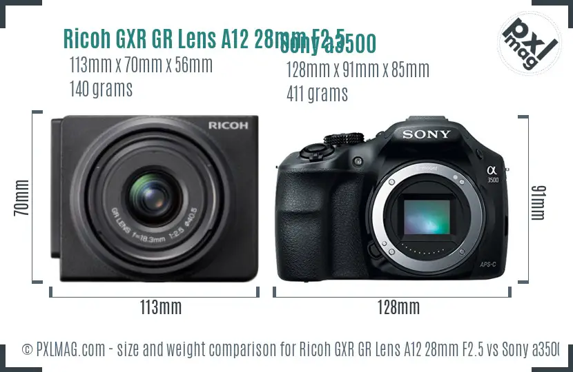 Ricoh GXR GR Lens A12 28mm F2.5 vs Sony a3500 size comparison